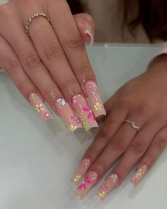 Flowers With Rhinestones Nails, Multicolor Flower Nails, Spring Nail Inspiration 2024, Spring Nails Long Acrylic, Pink Floral Acrylic Nails, Unique Spring Acrylic Nails, Mexico Aesthetic Nails, March Acrylic Nails Designs, Nail Inspo 2024 Square