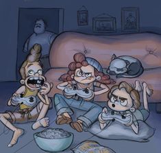 three cartoon characters sitting on the floor playing video games with their mouths open and eyes wide open