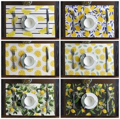 four photographs of place settings with lemons on them