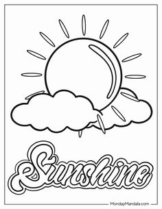 the sun and clouds with the word sunshine on it in black and white coloring pages