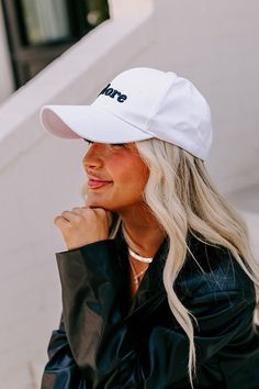 - This adorable cap will step up your casual style game! - A rounded bill - An adjustable back - Black colored 'J'adore' embroidery on the front White Hip Hop Hat For Baseball Season, Trendy White Hats With Curved Visor, Trendy White Hat With Curved Visor, Trendy White Snapback Hat With Curved Visor, White Trucker Hat With Letter Print Visor, White Casual Baseball Cap, White Letter Print Dad Hat For Baseball Season, White Baseball Cap With Curved Bill For Streetwear, White Dad Hat With Letter Print Visor