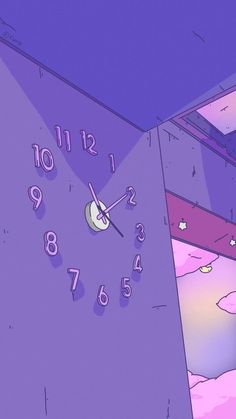 an animated image of a large clock in the middle of a room with purple walls