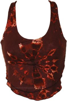 This soft crop top has a smoldering hot looking tie-dye color and a hippie style of its own, for a stylish free-spirited look. It goes with any bohemian lowers! The tie dye is on a brown base color. #tlb #Sleeveless #beachwrap #bohemianfashion #Handmade #TieDye #BohemianTop Bohemian Tie Dye Crop Top, Summer Tie Dye Tops With Batik Print, Summer Festival Top With Batik Print, Bohemian Tie-dye Crop Top For Festivals, Bohemian Tie Dye Crop Top For Festivals, Fitted Acid Wash Crop Top For Summer, Bohemian Batik Tie Dye Tops, Bohemian Tie Dye Batik Print Top, Casual Brown Crop Top For Festival