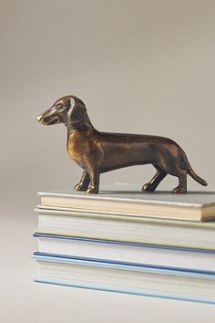 a bronze dog figurine sitting on top of a stack of books with one paw in the air