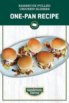 barbecue pulled chicken sliders one - pan recipe on a white plate with green lettering