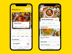 two smartphones displaying food on yellow background