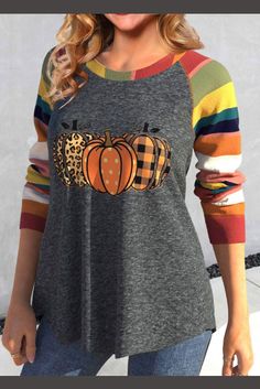 Halloween Patchwork Multi Stripe Print Round Neck T Shirt Multicolor Letter Print Top For Fall, Multicolor Cotton Top For Halloween, Halloween Multicolor Cotton Top, Black Raglan Sleeve T-shirt For Fall, Multicolor Graphic Print T-shirt For Fall, Fall Letter Print Raglan Sleeve Top, Gray Patchwork Tops For Fall, Orange Patchwork Crew Neck Top, Gray Raglan Sleeve Top For Fall