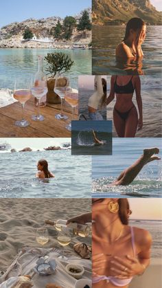 a collage of photos with women in bikinis and wine glasses on the beach