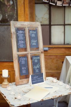 a table with a sign on it and some candles in front of the board that says, a basic guide to wedding stationery