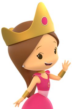 a cartoon girl in a pink dress and gold hat with her hand out to the side