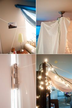 four different pictures with lights on the wall and curtains hanging from the ceiling in front of them