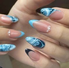 Blue french nail with marble Mamma Mia Nails Ideas, Waves Nail Art, Mamma Mia Nails, November Nails, Simple Gel Nails, Summery Nails, Her Nails, Cute Gel Nails, Nails Only