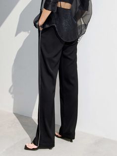 MO&Co. Women Waistbands Drawstring Straight Pants Features : - Straps - Sports style - Double side slip pocketsCode : MBB2PATT03Length of size M is 106.5cmBlack : Model is 178cm tall and wearing a size M MATERIALS & CARE : Material : 76.3% Acetate 23.7% PolyesterMachine wash under 30℃ Do not bleach, hang to dry in the shade Do not tumble dry, iron at low temperature Do not dry clean, do not soak Wash with neutral detergent Reverse into mesh bag for washingTips ：Do not rub and iron special proces Black Stretch Pants With Elastic Side Panels, Sporty Black Wide Leg Pants For Spring, Black Stretch Bottoms With Elastic Side Panels, Black Athleisure Bottoms For Work, Sporty Black Wide Leg Pants With Elastic Waistband, Black Straight Pants With Elastic Side Panels, Black Bottoms With Elastic Side Panels For Work, Black Pants With Elastic Side Panels For Work, Casual Black Pants With Elastic Side Panels