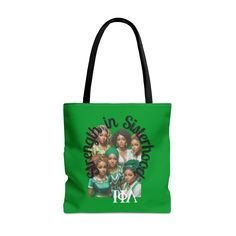 Carry the spirit of Iota Phi Lambda with pride with our 'Strength in Sisterhood' Tote Bag. This vibrant green tote is a bold accessory that celebrates the collective strength and elegance of your sisterhood. Featuring a striking group portrait framed by the empowering words 'Strength in Sisterhood', this bag is a practical and stylish choice for any occasion. Whether it's for carrying your books to class, essentials for a sorority event, or groceries, this durable tote stands as a symbol of unity and empowerment for all members of Iota Phi Lambda." .: Made with 100% polyester, a medium-weight fabric (6.49 oz/yd² (200 g/m that is highly durable and perfect for everyday use.  .: All tote bags come with a non-woven laminate inside and are available in 3 sizes (1x large storage compartment) so Green Softback Bag, Iota Phi Lambda Sorority, Group Portrait, Sorority Events, Empowering Words, Green Tote, Bold Accessories, The Collective, Portrait Frame