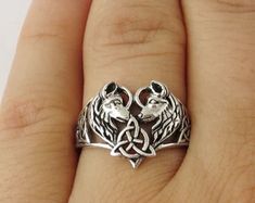 Wolf Ring Celtic Wolf Ring Heart Wolf Jewelry 2 Wolves | Etsy 2 Wolves, Mens Celtic Wedding Bands, Celtic Wolf, Silver Celtic Rings, Wolf Ring, Wolf Jewelry, Viking Ring, Silver Wolf, Ring Heart