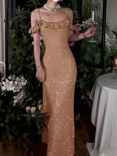 Sequin Ruffle Ruffle Trim Strap Cocktail Dress Rose Gold Elegant  Sleeveless Sequins Plain,All Over Print Bodycon High Stretch  Weddings & Events, size features are:Bust: ,Length: ,Sleeve Length: