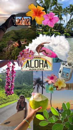 a collage of photos with flowers and people taking pictures on their cell phones in hawaii