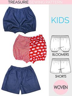 the sewing pattern for shorts is shown in three different styles