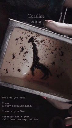 What do you see?

  
I see
a very peculiar hand.

  
I see a giraffe.

  
Giraffes don't just
fall from the sky, Miriam. Henry Selick, Coraline Art, Coraline Movie, Coraline Aesthetic, Coraline Jones, Pink Palace, Tim Burton Films, Tim Burton Movie, Corpse Bride