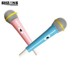 two colorful microphones are on display against a white background, one is pink and the other is blue