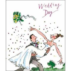 a wedding day card with a bride and groom holding each other's arm in the air