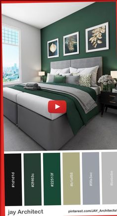 a bedroom with green walls and gray carpet