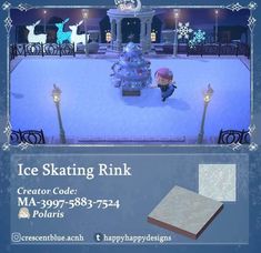 an advertisement for ice skating rink with a small child standing in front of a christmas tree