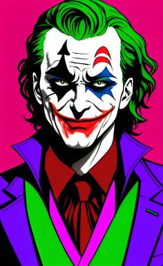 the joker is wearing green hair and purple suit with red, white, and blue stripes