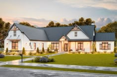 this is an artist's rendering of a house in the country style with white and gray shingles