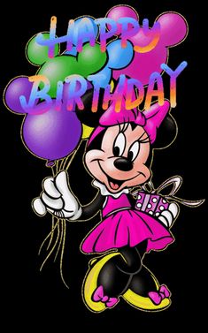 a cartoon mickey mouse holding balloons with the words happy birthday written on it's face