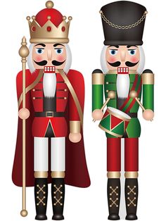 two nutcrackers dressed in red, green and gold