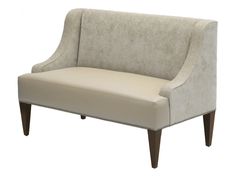 an upholstered beige chair with wooden legs