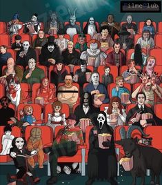 a crowd of people sitting in an auditorium with masks on their faces and eating popcorn