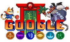 an old school computer game with the words google spelled in front of it and two cartoon characters