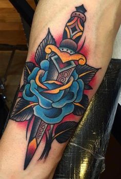 Traditional Dagger Tattoo, Dagger Tattoos, Traditional Dagger, Rose And Dagger, Inner Forearm Tattoo, Rose Tattoos For Men, Knife Tattoo, Sailor Jerry Tattoos, Blue Rose Tattoos