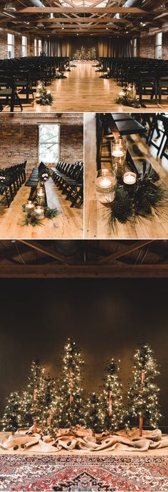 the inside and outside of a building with christmas decorations on tables, benches and candles