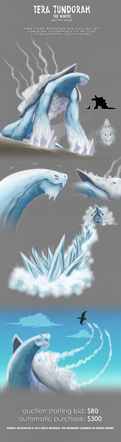 an image of some ice animals in the water with clouds and birds flying around them