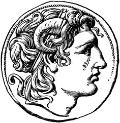 an ancient greek coin with a woman's head in the center, vintage line drawing or engraving illustration