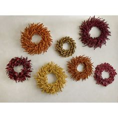 five different colored wreaths on a white surface