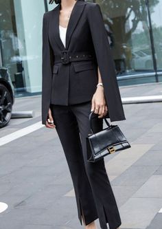 Black Pantsuit Business Suit. It is street style, good for elegant ladies, classy teens and modern fashion. Black Office Lady Pantsuit, Black Spring Office Suit, Black Formal Office Lady Suit, Black Office Lady Suit For Formal Events, Black Professional Pantsuit For Office, Black Office Pantsuit, Elegant Black Career Suits, Black Business Casual Suits, Office Lady Pantsuit For Fall