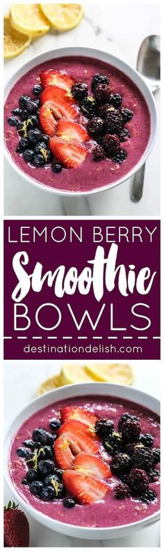 lemon berry smoothie bowls with strawberries and blueberries in the bowl are ready to be eaten