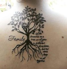 the back of a woman's neck with a tree on it and words written in cursive writing