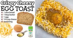 an egg is sitting on top of shredded cheese next to bread and eggshells