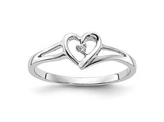 Rhodium over 14K white gold polished open heart design first promise ring with 0.01 cttw round natural diamond accent. Band width measures approximately 1/16". Silver Heart Cut Single Diamond Ring, White Gold Heart Ring With Single Diamond For Gift, Silver Heart Cut Ring With Single Diamond, White Gold Heart Ring With Single Diamond For Promise, Formal White Gold Heart Solitaire Ring, Fine Jewelry Open Heart Diamond Promise Ring, White Gold Open Heart Promise Ring, Formal Heart-shaped Diamond Ring With Single Diamond, White Gold Open Heart Classic Ring