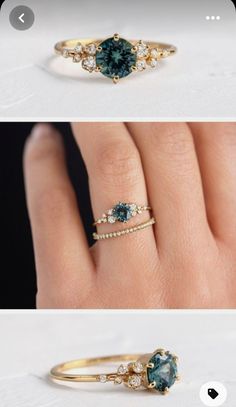 three different views of an engagement ring with blue and white diamonds on top, one in gold