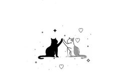 two cats sitting next to each other on top of a white surface with hearts and stars