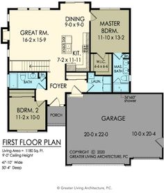 the first floor plan for a home with two garages and an attached living area