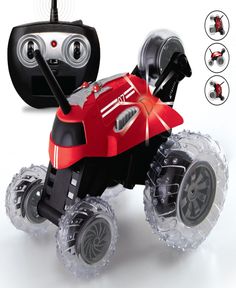 the remote control toy is red and black with four wheels, which are attached to each other