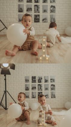 two baby boys sitting on the floor with balloons and lights in their hands, one is holding