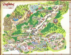 a map of the disneyland world with lots of buildings and parks on it's sides